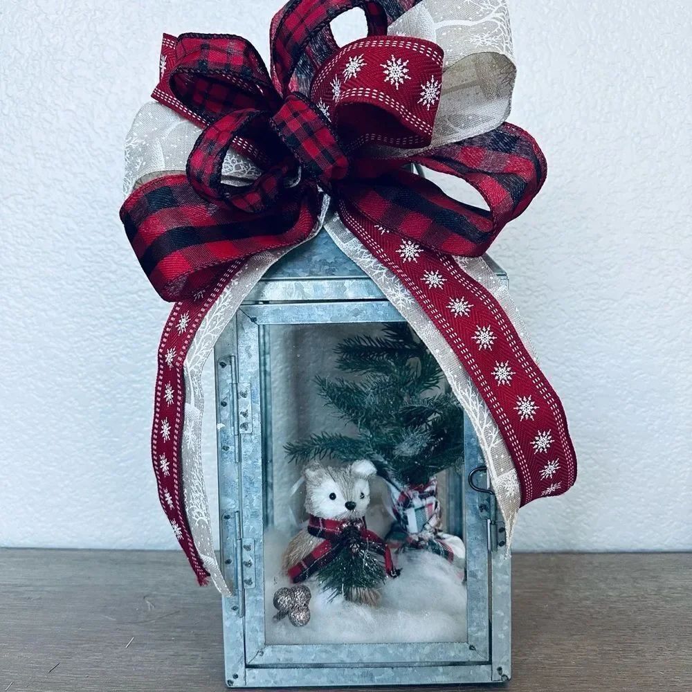 Christmas Woodland Fox Lantern Farmhouse Bow Decor